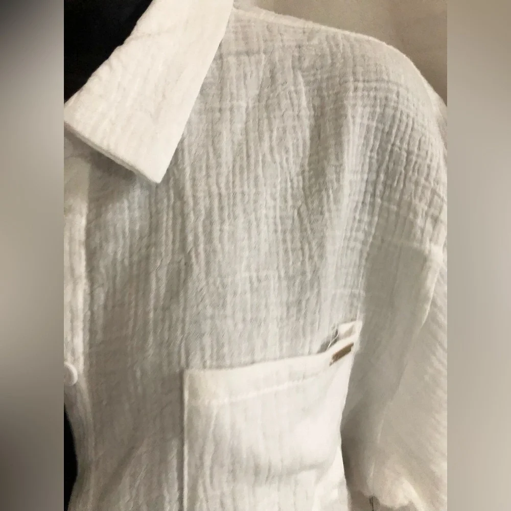 Nicole Miller white gauze button down shirt and drawstring shorts set size Large